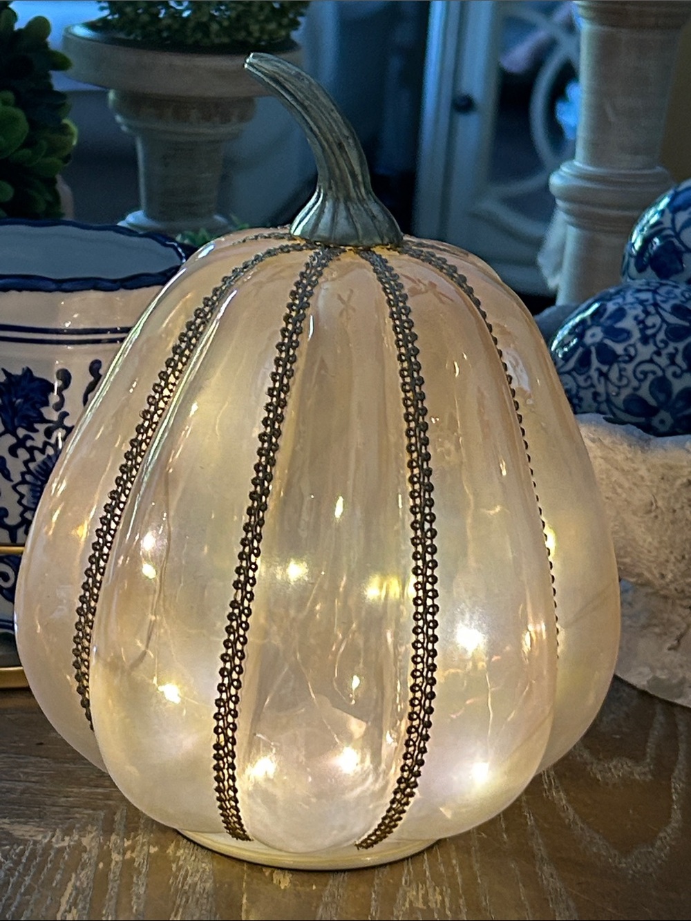 NEW! Vintage Inspired LIGHTED Glass Fall Harvest Pumpkin Metallic Gold Accents